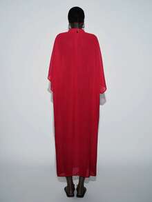 Lumivelle 女士中东风情休闲高领扭腰透视长裙 - 紅色 - 查看 2