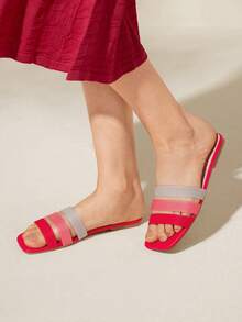 CUCCOO BASICS Woman Shoes Square Toe Flat Colorblock Knit Detail Slide Sandals For Summer Vacation Shoes Summer Back To School Shoes College Student Shoes Spring Shoes Spring Break Easter Valentine's Day - Multicolor 1 - View 6