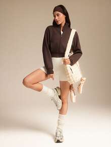 GLOWMODE Fleece Cozy Soft Ribbed Cuffs Hem Thumbholes Detachable Hood Cropped Zip-Up Sweatshirt Daily Casual Wear Fall Winter - Brown - View 8