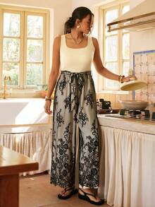 SHEIN VCAY Plus Size Women Floral Lace Patchwork Sleeveless Jumpsuit,Black And White,Summer,Elegant,Tea Party Festival Outfits Valentines Day Vintage Country - Khaki - View 4