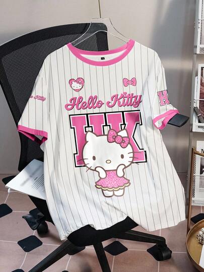 HELLO KITTY AND FRIENDS | SHEIN 大码条纹卡通图案撞色圆领短袖T恤