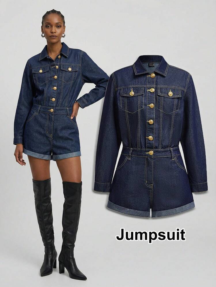 SHEIN Maija 2026 Spring Dark Blue Denim Jumpsuit Raw Denim Shirt-Style Jumpsuit With Gold Buttons Classic Denim Outfits