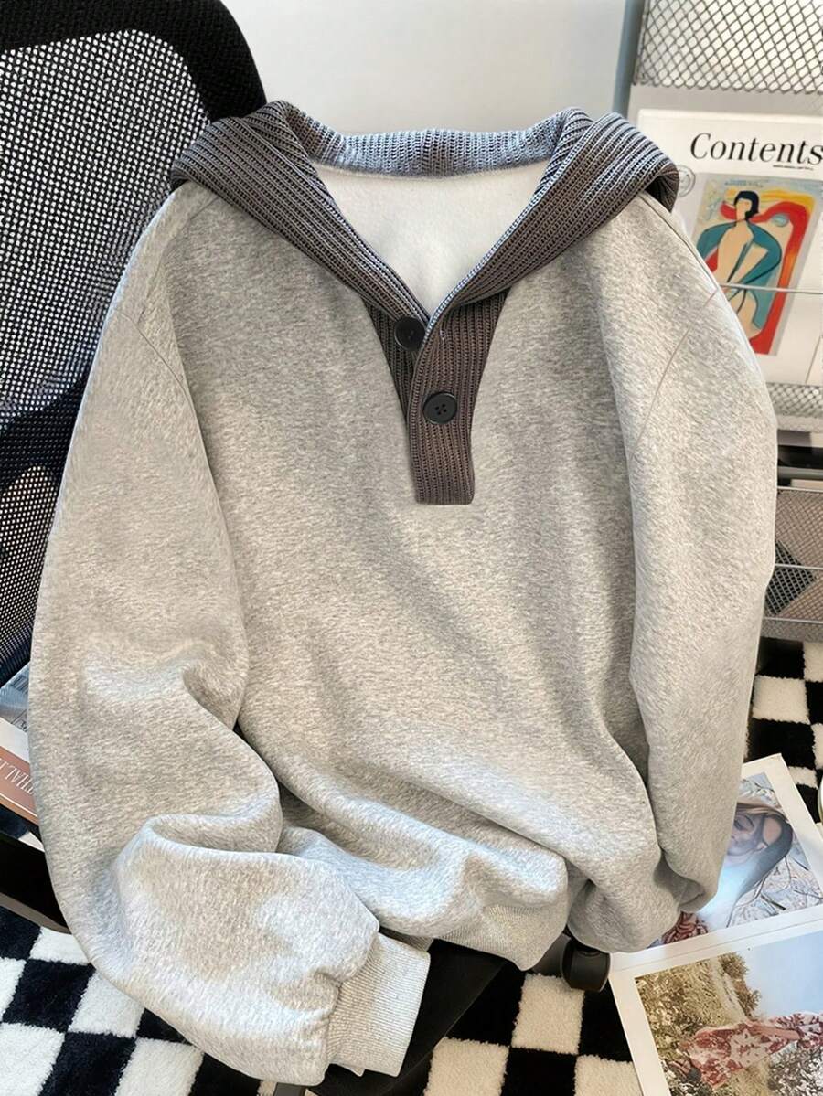 SHEIN Sudadera casual minimalista de color de contraste para tallas grandes, otoño - Gris - Ver 1