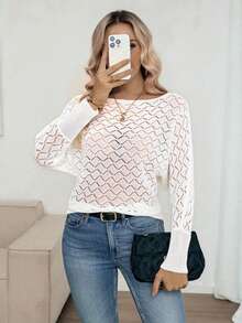 Louniche Women's Casual Vacation Fashionable Versatile Hollow Textured Batwing Sleeve Off-Shoulder Long Sleeve Pullover Sweater, Spring/Summer - Beige - View 4