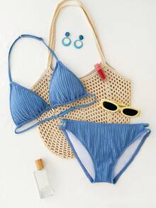 Conjunto de bikini de triángulo con camisola sin espalda, textura de concha de punto azul sólido para adolescentes, ropa de playa de verano - Azul - Ver 3