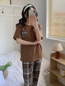 2件套少女休闲宽松落肩短袖上衣和复古格子裤家居服套装 - 咖啡棕 - 查看 3