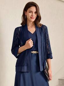 Miaspire This Elegant Two-Piece Women's Set Features A Deep Navy Blue Base, With The Combination Of Lace Texture And Matte Fabric Exuding A Touch Of Understated Luxury. The Floral Pattern Is A Delicate, Subtle Lace Design, Revealing A Gentle And Refined Temperament In Its Understated Details. The Silhouette Consists Of A Loose-Fitting Lace Cardigan And A Fitted V-Neck Vest. The Lightweight Fabric Is Versatile Enough For Various Occasions, And The Layering Design Balances Warmth And Style.Suitable For Spring And Autumn, And Suitable For Commuting, Casual Gatherings, Or Relaxing Afternoon Tea, This Set Conveys A Composed Style With Its Navy Blue Base And Showcases Elegant Fashion Sense With Its Lace Details. It's A Versatile And Stylish Choice For Any Two-Season Wardrobe. - Navy Blue - View 5