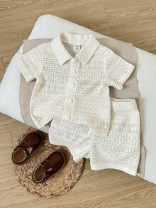 Playful Pals 2pcs Baby Boys Polo Collar Short Sleeve Jacquard Knit Beige Button-Up Top + Elastic Waist Shorts Casual Outfit, Suitable For Summer Outings Or Everyday Wear - Beige - View 1