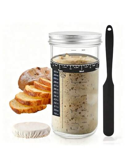 Sourdough Starter Kit, 24 Oz Large Capacity Sourdough Fermentation Jar With Aluminum Lid, Date Labeled Feeding Strip, Silicone Scraper, Cloth Lid And Thermometer Strip, Sourdough Container For Bread Making, Brewing Tools, Fermentation Tools, Reusable Sourdough Bread Baking Tools