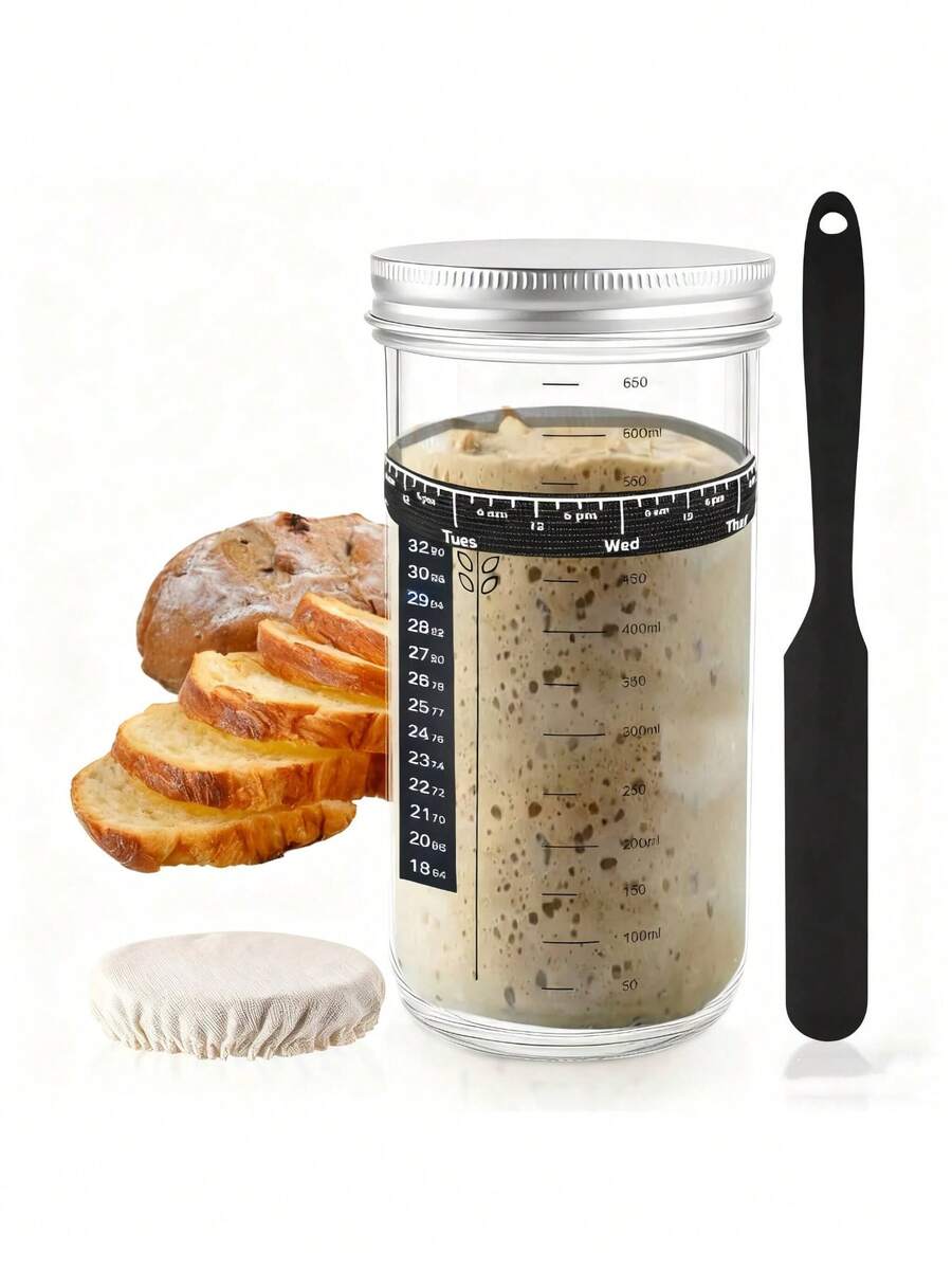 Sourdough Starter Kit, 24 Oz Large Capacity Sourdough Fermentation Jar With Aluminum Lid, Date Labeled Feeding Strip, Silicone Scraper, Cloth Lid And Thermometer Strip, Sourdough Container For Bread Making, Brewing Tools, Fermentation Tools, Reusable Sourdough Bread Baking Tools - Multicolor - View 1