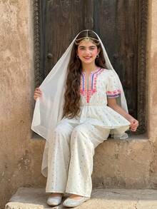 少女休闲中东风可爱印花上衣和裤子套装，适合外出和度假 - 彩色 - 查看 5