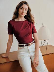 Anewsta Áo thun ngắn tay nữ màu trơn, kiểu dáng thường ngày, đa năng, phù hợp đi làm. - Màu Đỏ Sâu - Xem 1