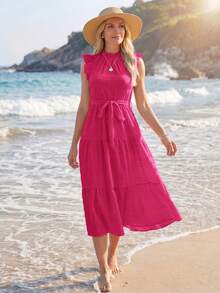 Sylviya Women's Flutter Sleeve Tie Waist Dress - Hot Pink - View 3