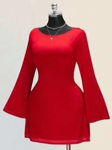 SHEIN ICON Plus Size Retro Sexy Elegant Women's Ball Party Evening Banquet Valentine's Day Outfit Round Neck Backless Swing Neck Flared Long Sleeve Bright Red Mesh Fitted Waist Flowing Skirt Dress - Red - View 3