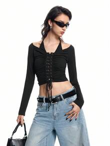 Airlisse 女士露背系带褶皱肩带长袖T恤，春夏款 - 黑色 - 查看 5