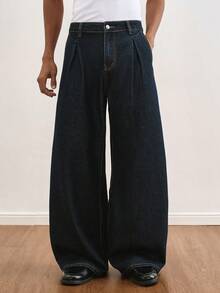 TOKVUE 男士休闲奢华水洗牛仔直筒阔腿裤 - 深色水洗藍 - 查看 4