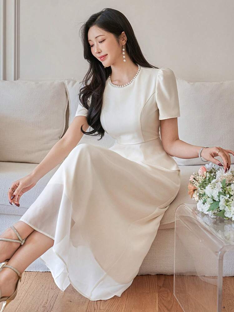 Women's Elegant Solid Color Beaded Puff Sleeve Top And Skirt 2-Piece Set, Spring/Summer,Wedding Guest Dress Women