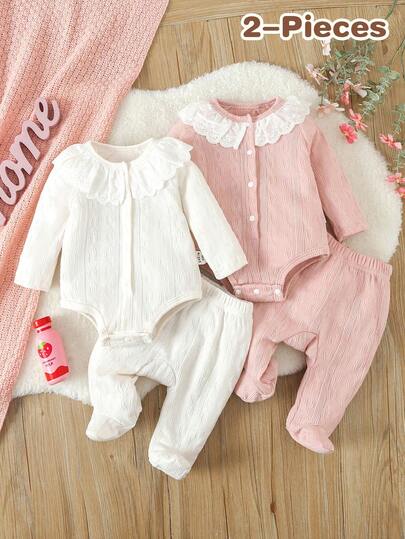 SHEIN 4 件簡約純色女嬰連身衣套裝（白色、粉紅色）包括長袖連身褲和褲子,適合居家穿著