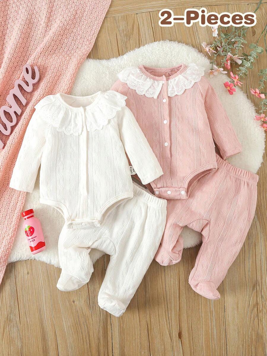 SHEIN 4 件簡約純色女嬰連身衣套裝（白色、粉紅色）包括長袖連身褲和褲子,適合居家穿著 - 彩色 - 查看 1