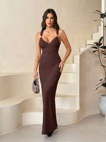 SHEIN Tall 女士针织连衣裙,金属纽扣装饰露背连衣裙,棕色连衣裙,优雅女士露背无袖连衣裙,夏季修身长裙,Y2K风格服装,乡村音乐会服装,复古街头服饰,外出服装 - 棕色 - 查看 12