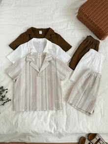 SHEIN 6件套男童休闲学院风条纹白棕衬衫短裤套装，基础款衬衫多件装，适合生日派对、锐舞派对、晚宴、演出、婚礼、洗礼和庆祝活动。 - 彩色 - 查看 6