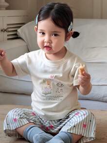 DAZY 2件套女婴卡通印花长袖T恤和条纹休闲裤家居服套装 - 白色 - 查看 5