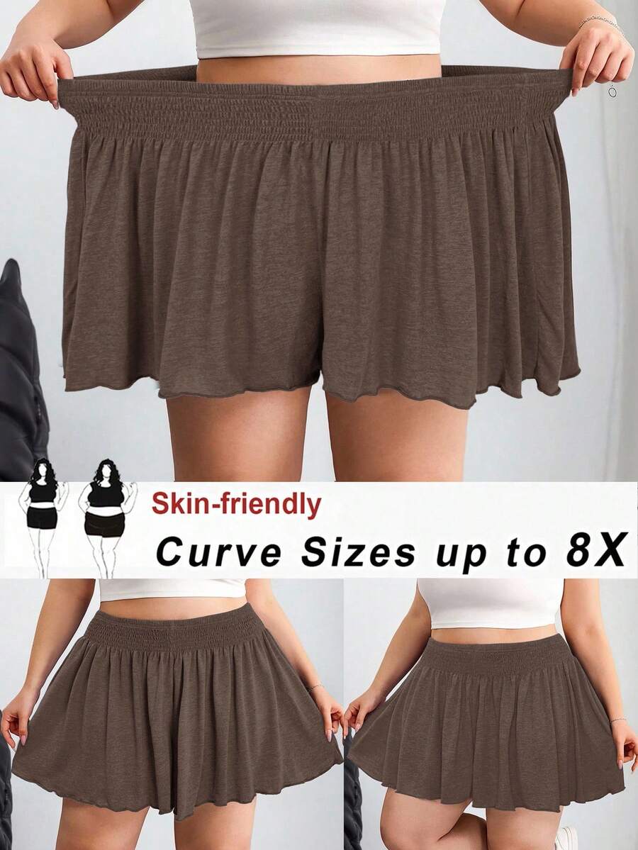 SHEIN CURVE+ 大码休闲纯色宽松短裤,夏季/图案T恤 - 棕色 - 查看 1