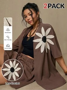 SHEIN LUNE 大码女式休闲落肩短袖上衣和短裤两件套 - 棕色 - 查看 2