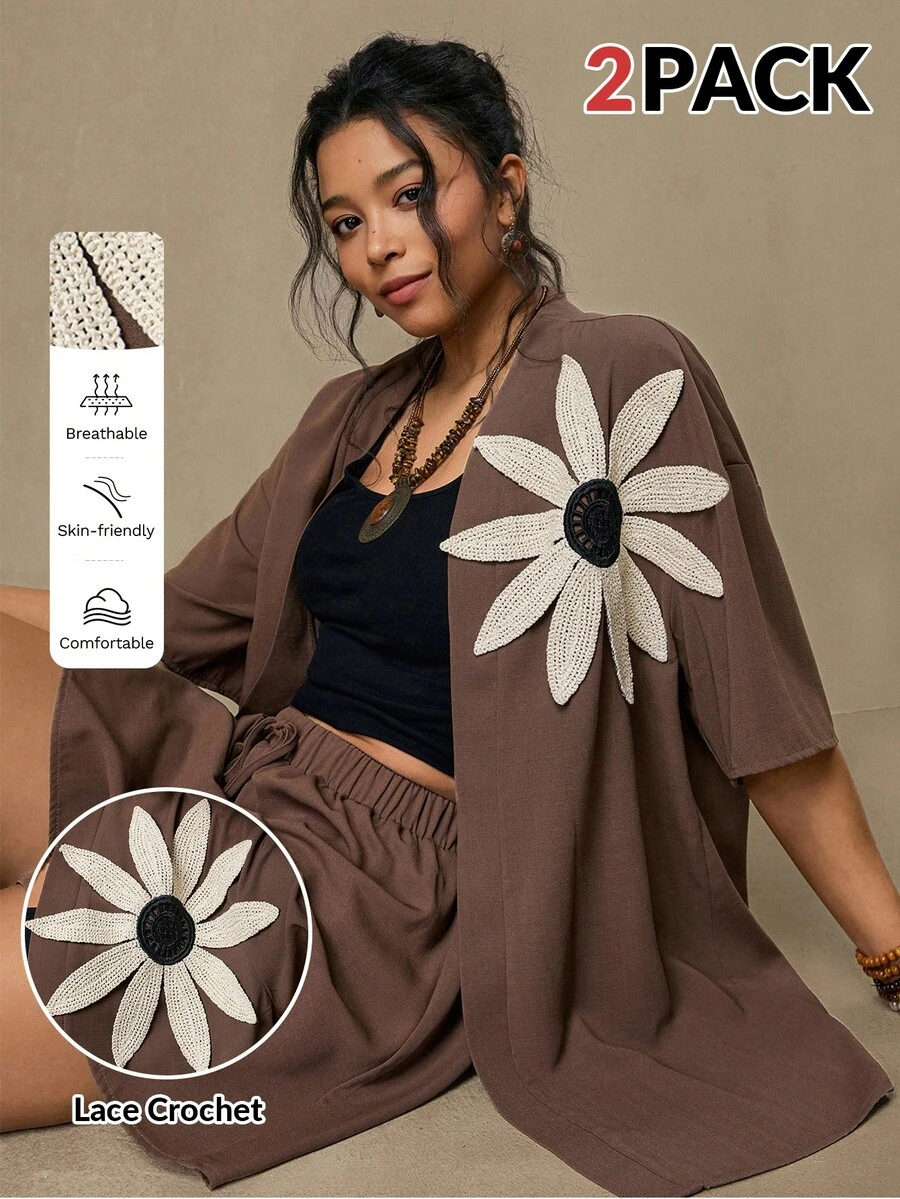 SHEIN LUNE 大码女式休闲落肩短袖上衣和短裤两件套