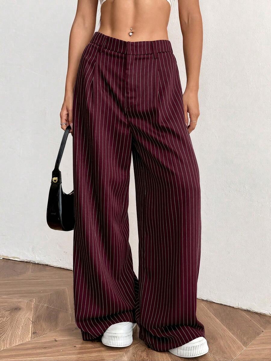 SHEIN EZwear 大码酒红色条纹休闲裤 - 酒紅色 - 查看 1