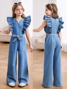 Serisse Kids Tween Girls Spring Summer Break Elegant Casual Sleeveless Backless Openback Jumpsuit With Bowknot And Ruffle Trim,Casual Style And Casual Fit,Girls Summer Beach Boho Vacation Casual Outfits,Rave Concert Festival Outfits - Medium Wash - View 4