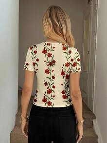 SHEIN LUNE Áo thun nữ tay ngắn cổ tròn dáng ôm, phong cách tối giản, thích hợp cho mùa xuân/hè. - Nhiều màu - Xem 2