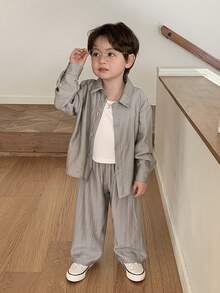 DAZY Toddler Boys' Fashion Shirt Set, Korean Style Casual Outfit, Grey, Lightweight Shirt Top And Wide Leg Pants 2-Piece Set, Spring/Summer/Autumn - Dark Grey - View 6