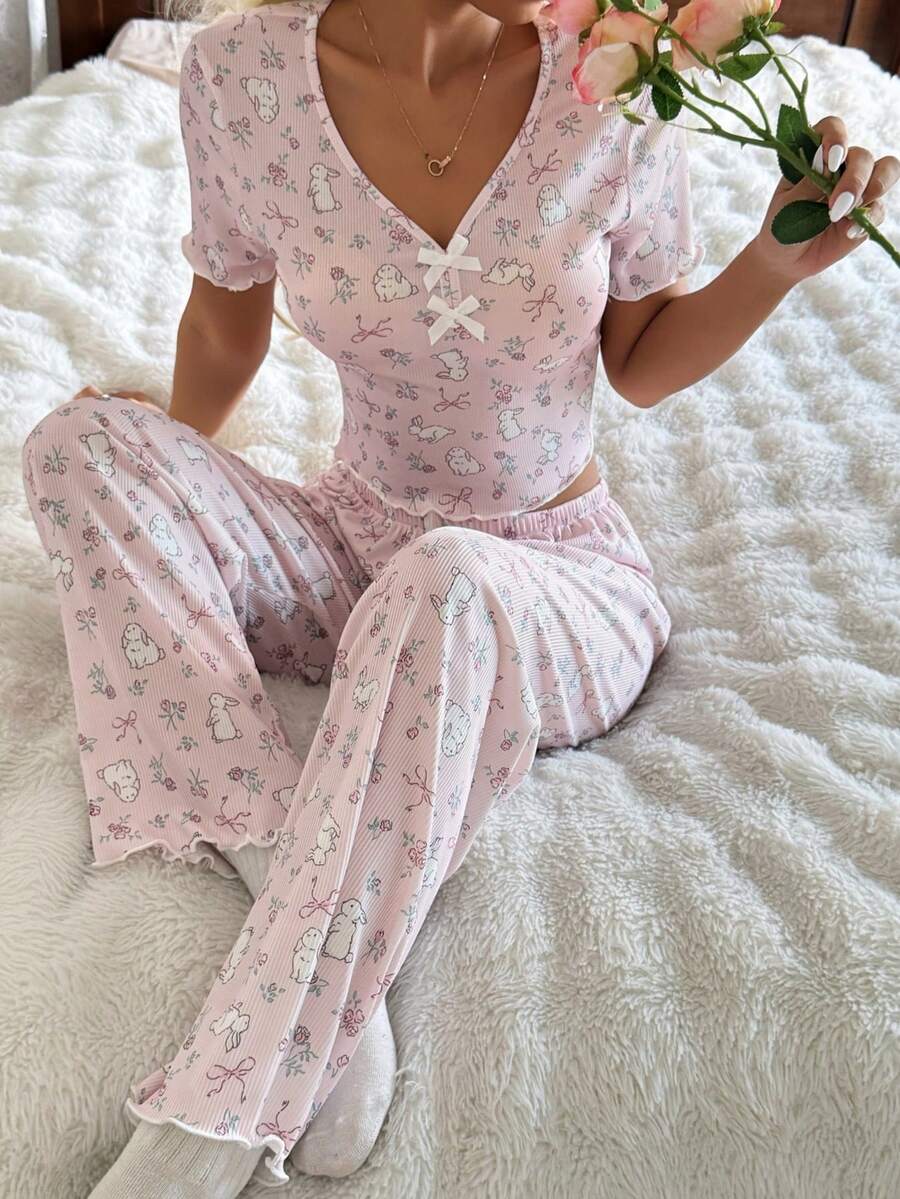 CottageSlumber Bộ đồ ngủ tay ngắn in họa tiết hoa và thỏ lãng mạn, trang trí cúc áo, dành cho nữ. - Màu Hồng baby - Xem 1