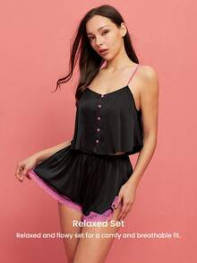 LUVLETTE 女士性感丝滑缎面奢华蕾丝边黑色V领吊带背心和短裤轻盈家居服睡衣套装情人节礼物 - 黑色 - 查看 5