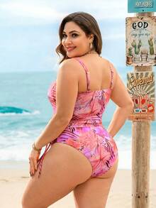 Swim Vcay Plus Size Women Tropical Plant Print Tankini Swimsuit Set - Multicolor - View 2