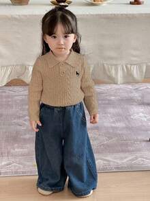 DAZY Baby Girls Crochet Knit Button-Up Long Sleeve Sweater - Khaki - View 4