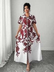 Elenzga Damen Große Größen elegantes Retro-Muster Taillengürtel Puffärmel Hemdkleid, Frühlings-/Sommer-Resort-Kleid - Bordeaux - Übersicht 3