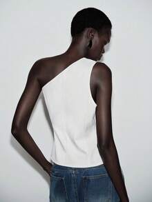 Lumivelle Women's Casual Metal Buckle Shoulder Top, Summer One Shoulder Tops Assymeyrical Top - White - View 2