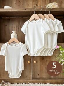SHEIN 5件套女婴圆领短袖休闲连体衣套装 - 白色 - 查看 1