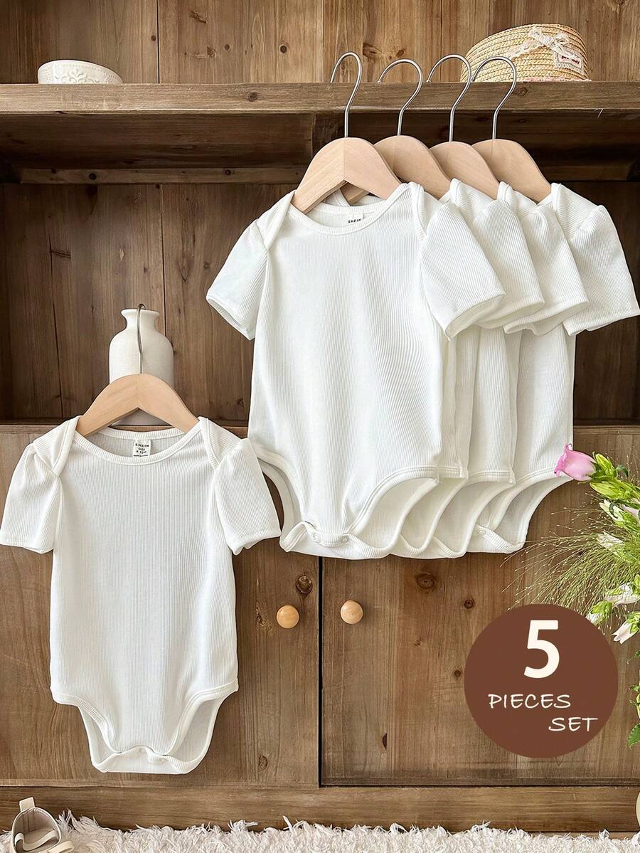SHEIN 5件套女婴圆领短袖休闲连体衣套装 - 白色 - 查看 1