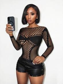 BamGleam Women's Sexy Mesh Bodysuit, Long Sleeve, Suitable For Valentine's Day Girlfriend
