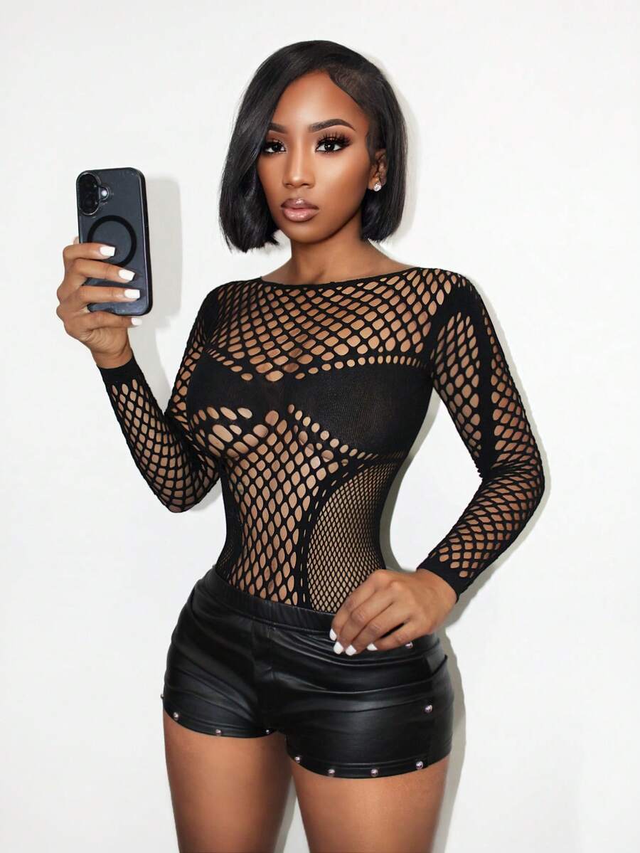 BamGleam Women's Sexy Mesh Bodysuit, Long Sleeve, Suitable For Valentine's Day Girlfriend