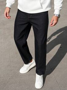 Manfinity Homme Jeans dritti a gamba affusolata in denim lavato blu vintage, effetto lino sintetico - Blu lavato scuro - Visualizzare 4