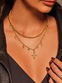 Glisma 18K 镀金双十字架项链，Y2K/适合妈妈/女士/女孩，适合秋季、冬季、节日、假日、度假、老钱、万圣节 - 金色 - 查看 2