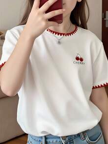 1pc Tween Girl Letter & Cherry Blossom Print Embroidery Decor Short Sleeve Casual T-Shirt, Loose Fit, Cute & Versatile, Suitable For Spring & Summer