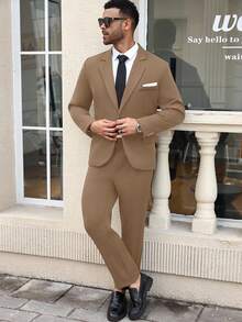 Manfinity Mode Conjunto de traje de negocios de chaqueta y pantalón de manga larga con solapa y abotonadura sencilla para hombres de talla grande - Caqui - Ver 6