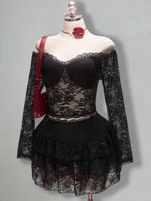 SHEIN ICON Plus Size Retro Black Autumn Formal Goth Evening Night Out Club Y2K Outfit,Off-The-Shoulder Lace Trim Semi-Sheer Long-Sleeved Top & Ruffled Skirt Set - Black - View 1