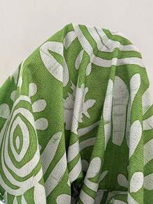 BrightlyHer 大码女士度假风印花腰带斜肩口袋阔腿连体裤 - 綠色 - 查看 8