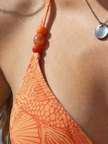 Swim Mod 女士26SS春夏沙滩套装，两件式比基尼，适合海滩、度假、下午茶、野餐，清新甜美，可爱海洋元素贝壳印花，精致波西米亚琥珀色亚克力珠饰，柑橘橙色，甜美可爱，优雅女士，适合夏季海滩、度假、日常穿着 - 橘色 - 查看 8